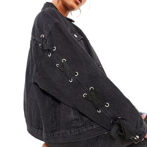 Zara Black Distressed Eyelet Lace-Up Denim Jacket